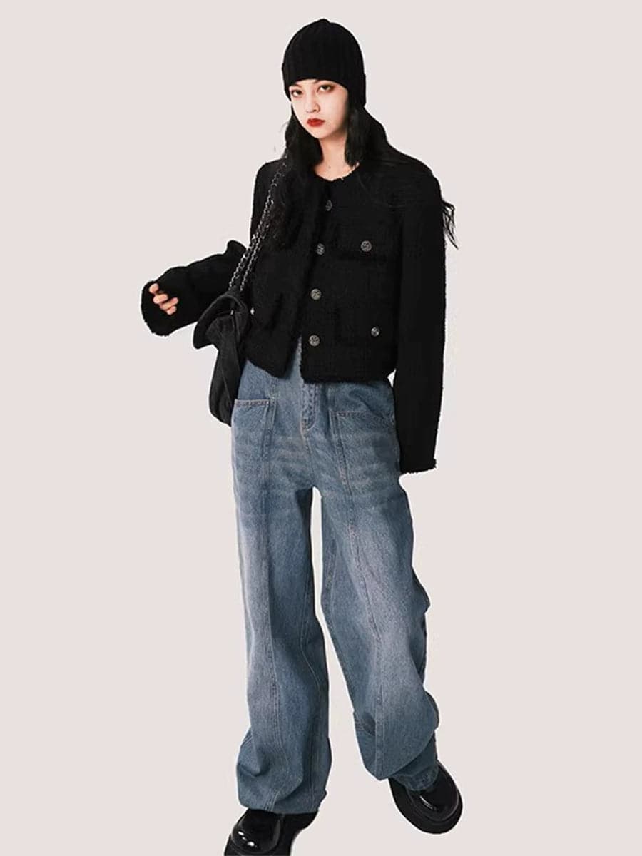 Women's French Retro Distressed Black Tweed Metal Buckle Jacket