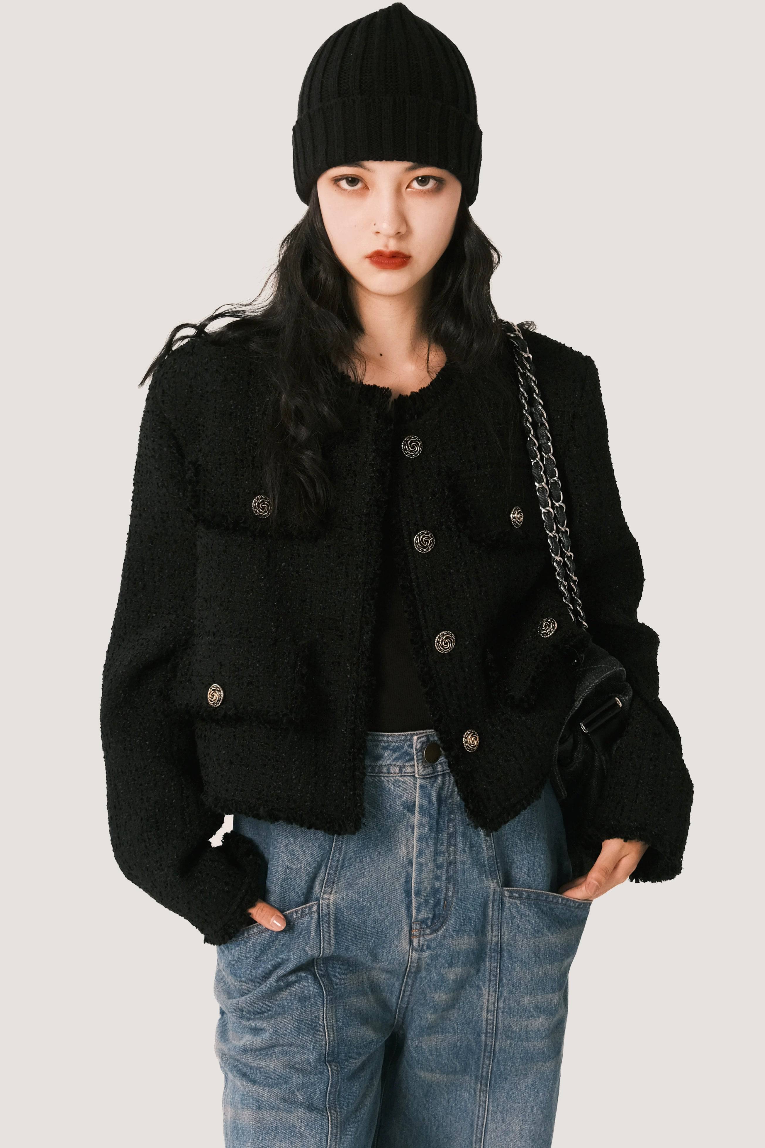 Women's French Retro Distressed Black Tweed Metal Buckle Jacket