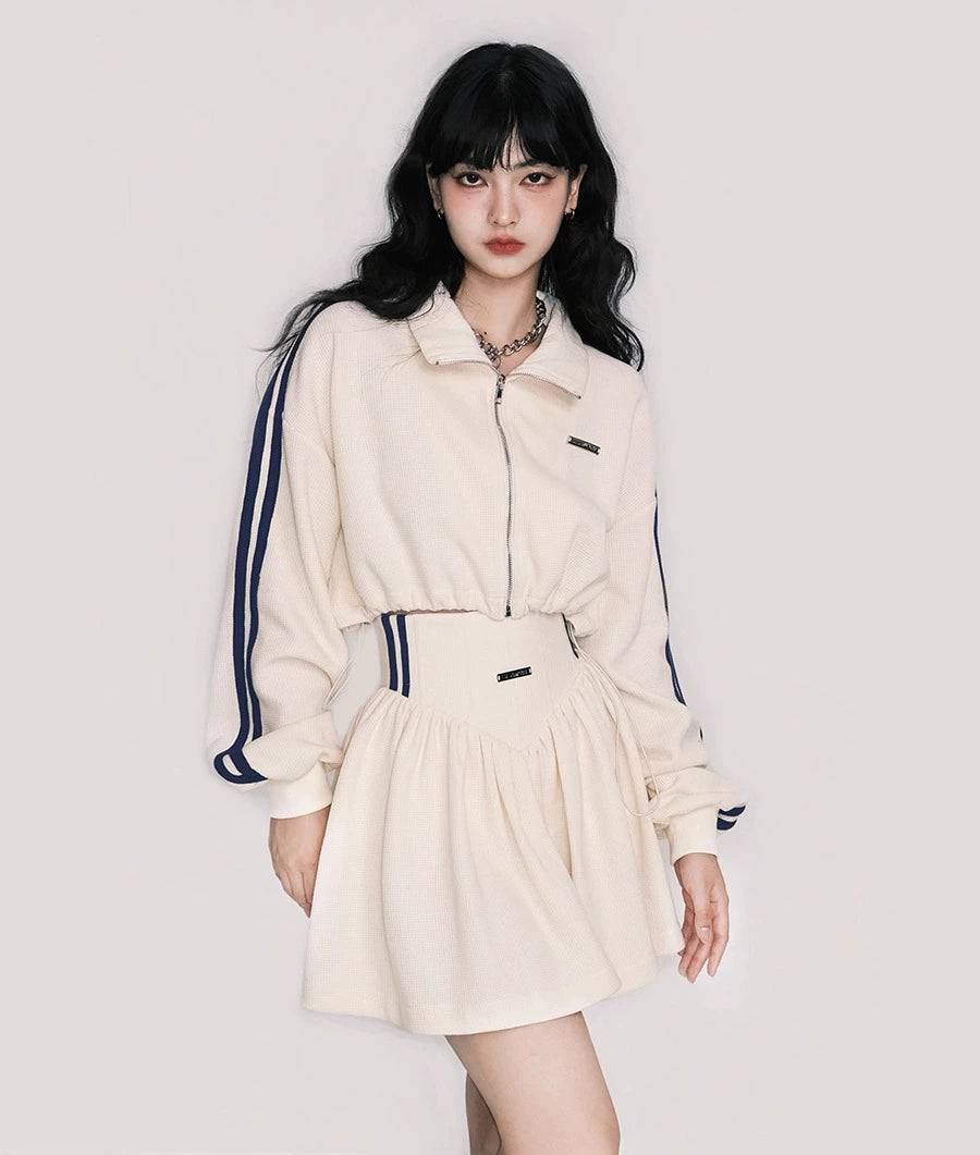 Women's Waffle Sweatshirt Tennis Skirt Fall Set