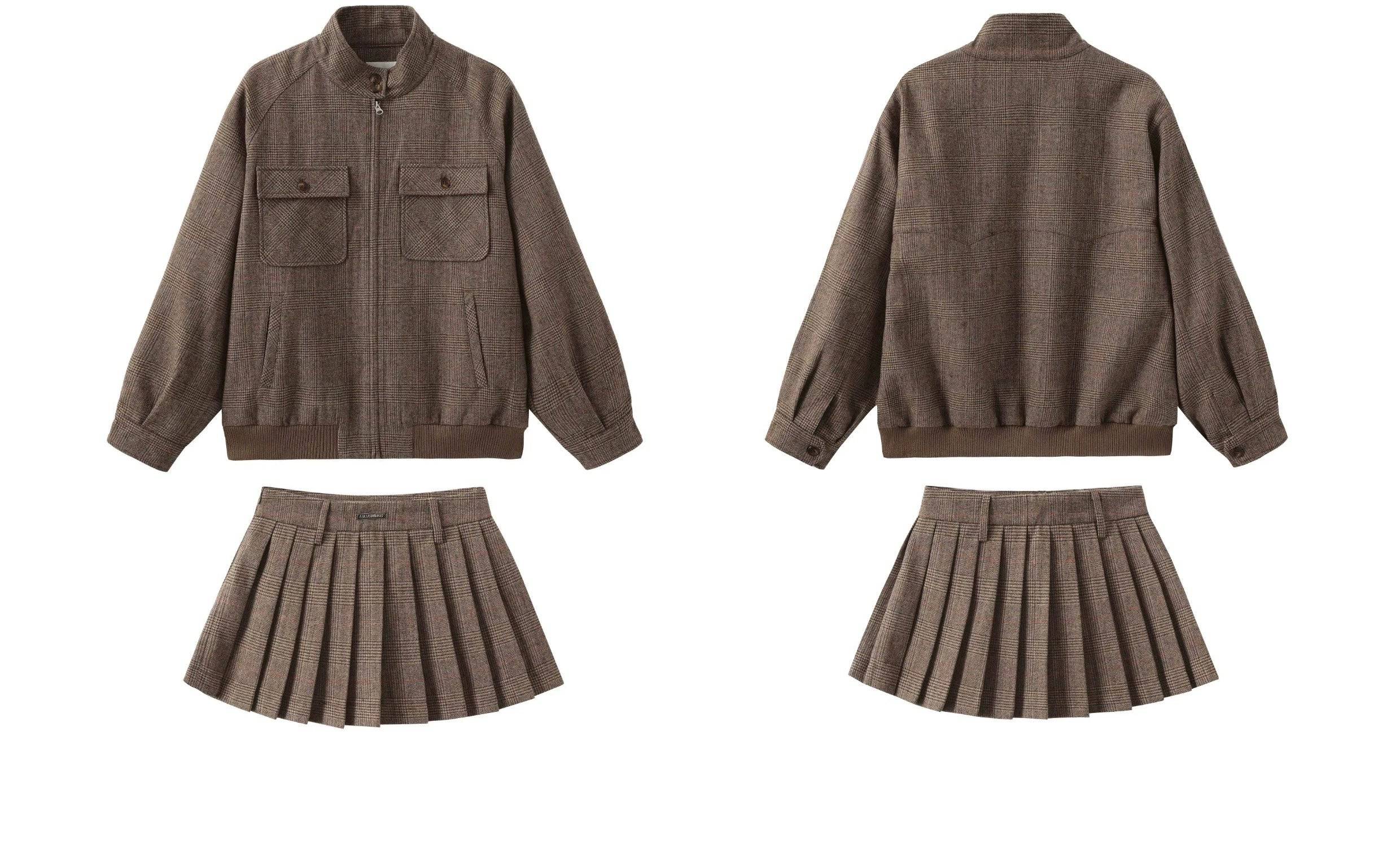 Women's Retro Preppy Casual Wool Jacket Skirt Set