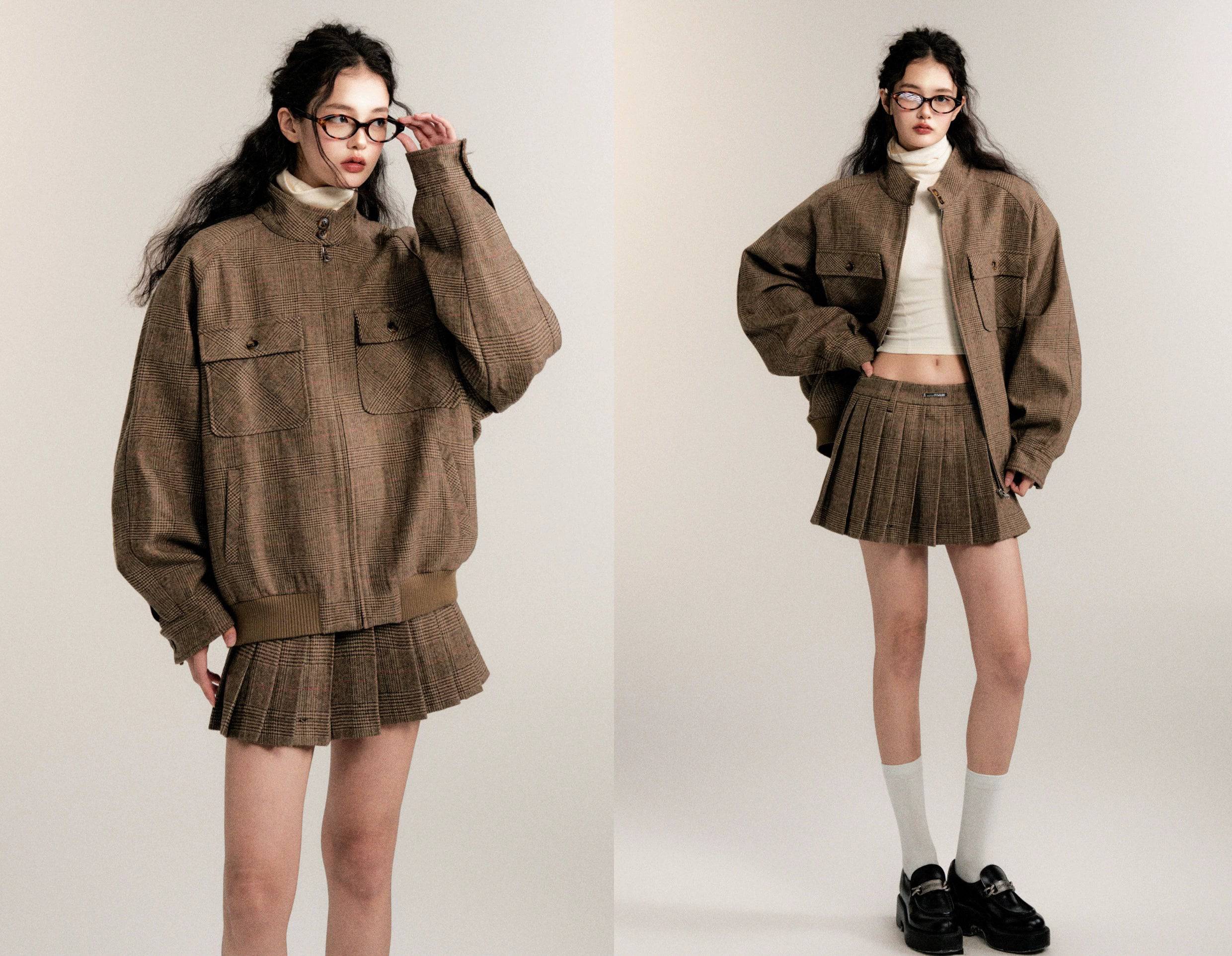 Women's Retro Preppy Casual Wool Jacket Skirt Set