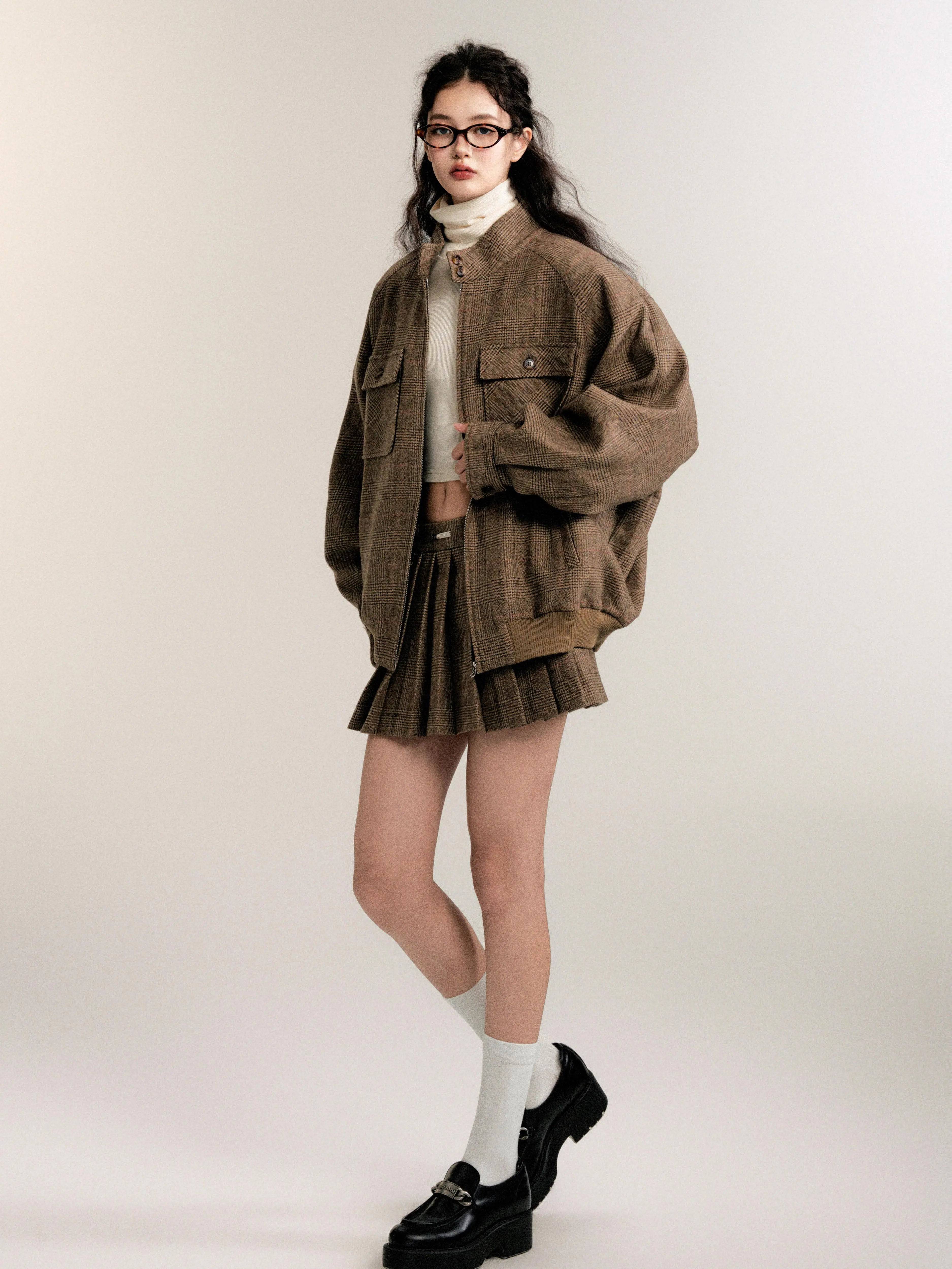 Women's Retro Preppy Casual Wool Jacket Skirt Set