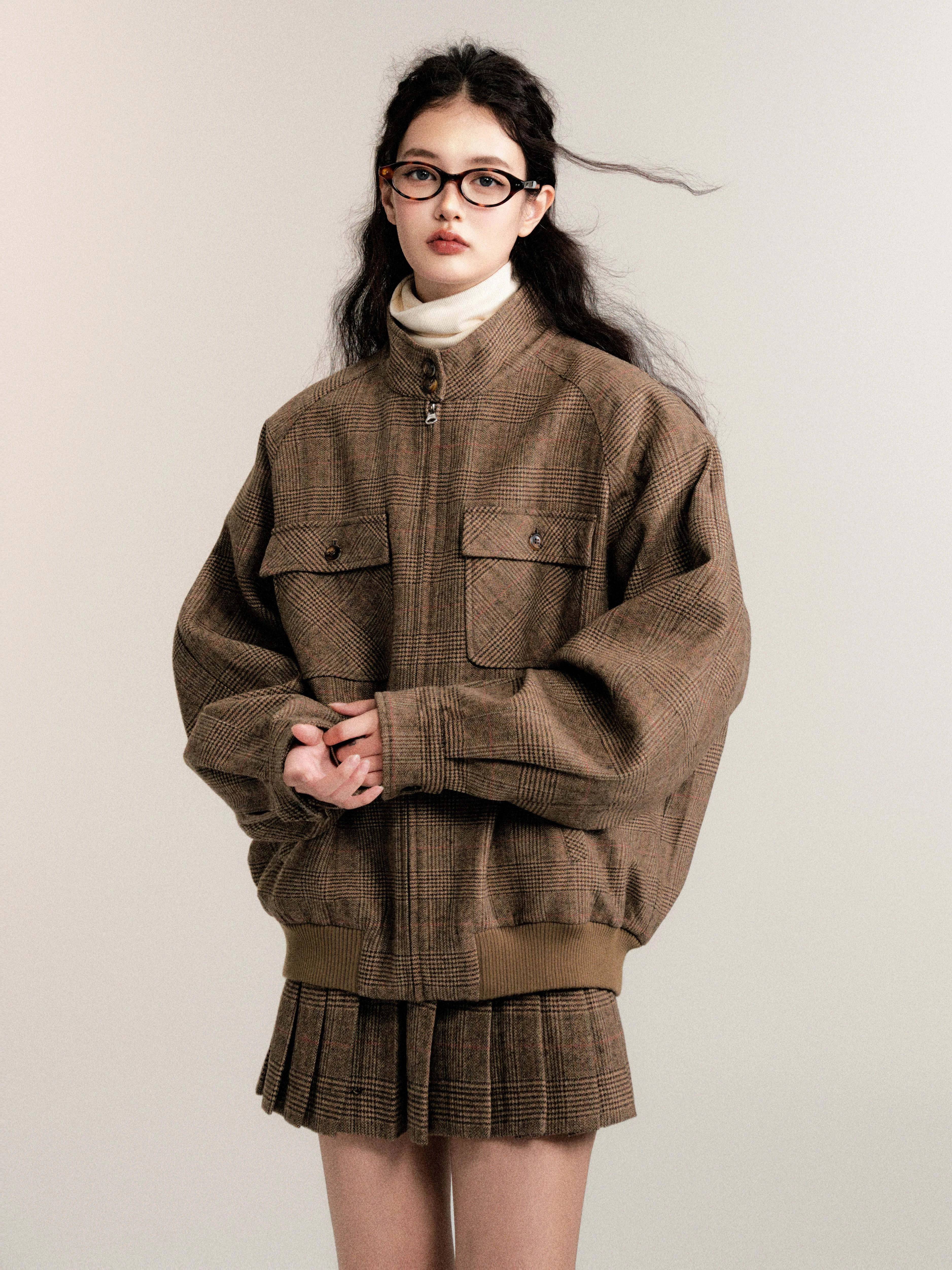 Women's Retro Preppy Casual Wool Jacket Skirt Set