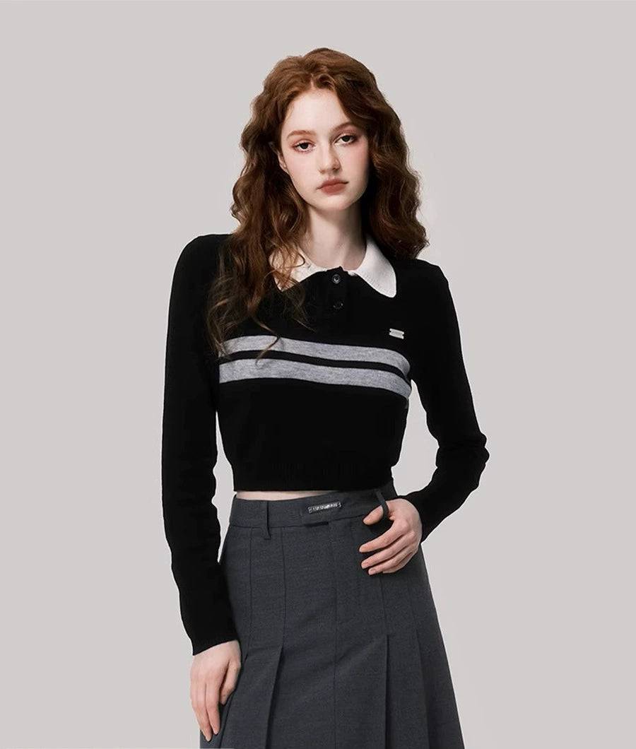 Women's Preppy Polo Neck Fine Wool Knit Cropped Sweater
