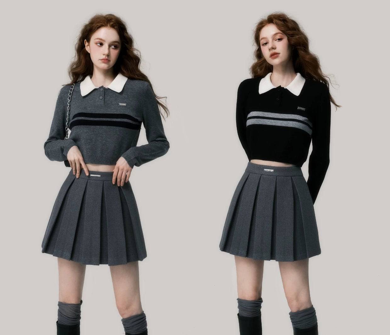 Women's Preppy Polo Neck Fine Wool Knit Cropped Sweater