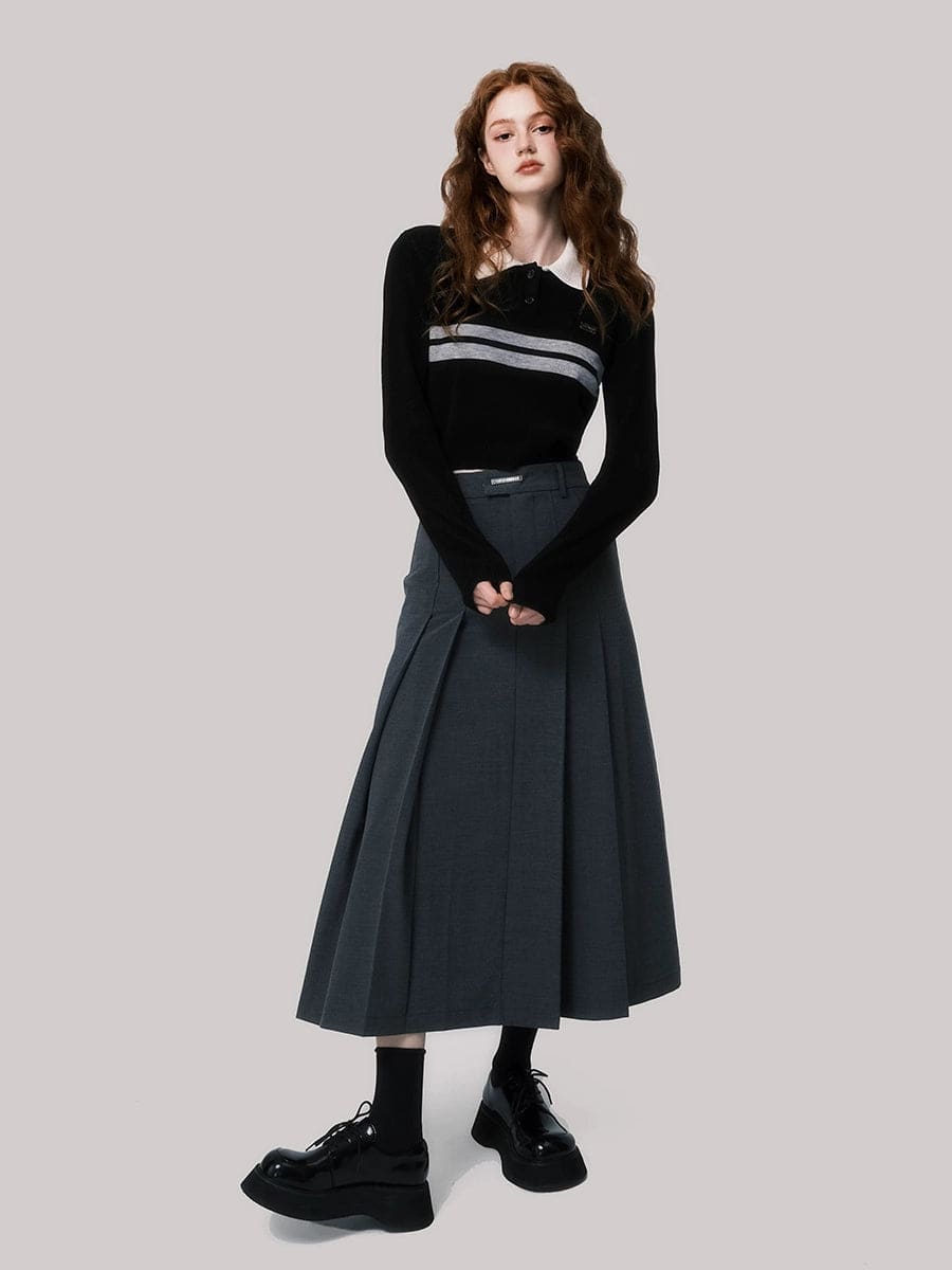 Women's Preppy Polo Neck Fine Wool Knit Cropped Sweater