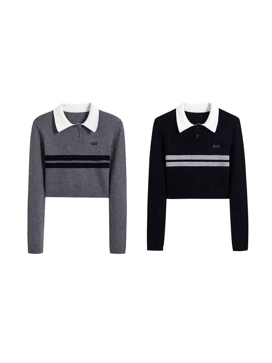 Women's Preppy Polo Neck Fine Wool Knit Cropped Sweater