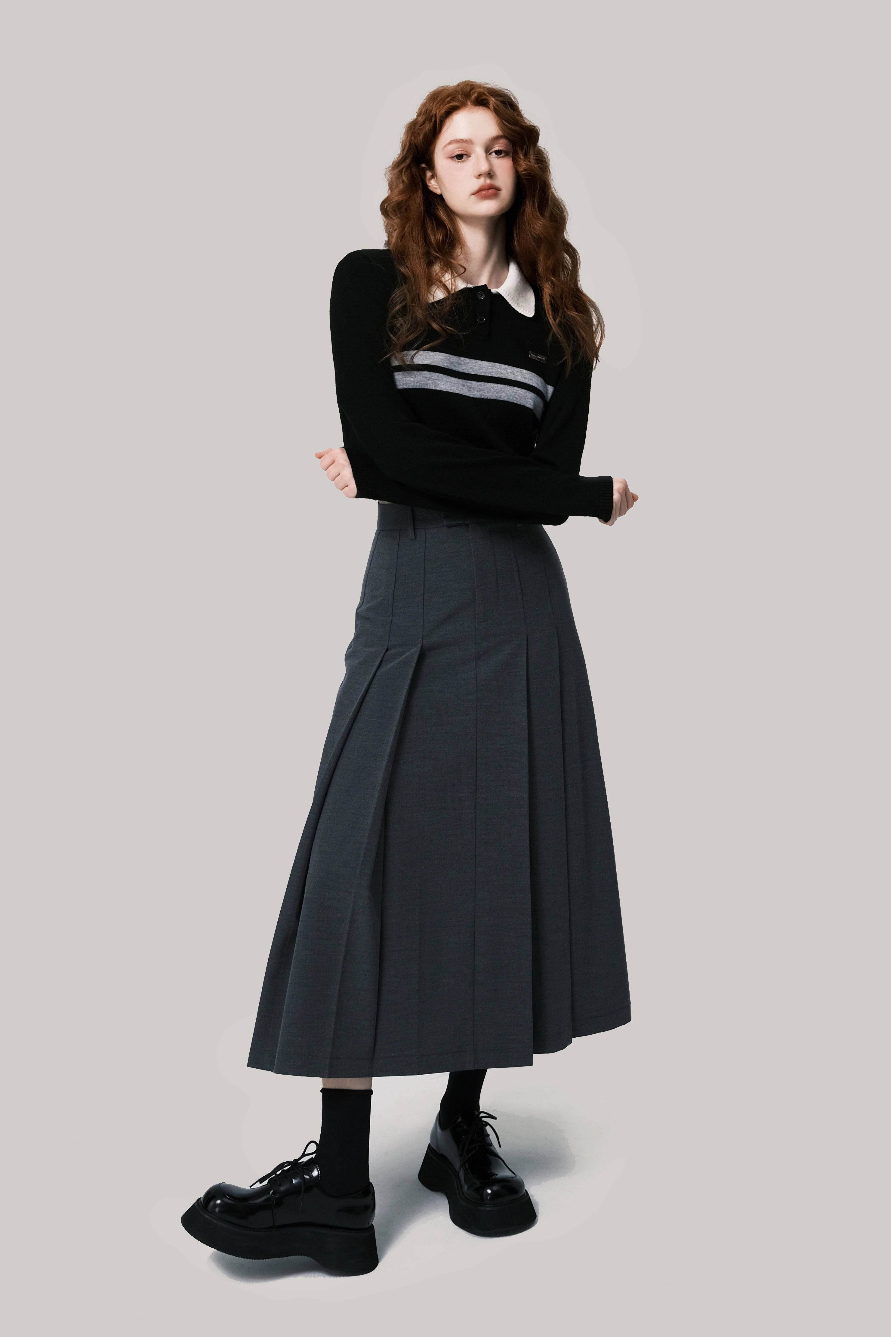 Women's Preppy Polo Neck Fine Wool Knit Cropped Sweater