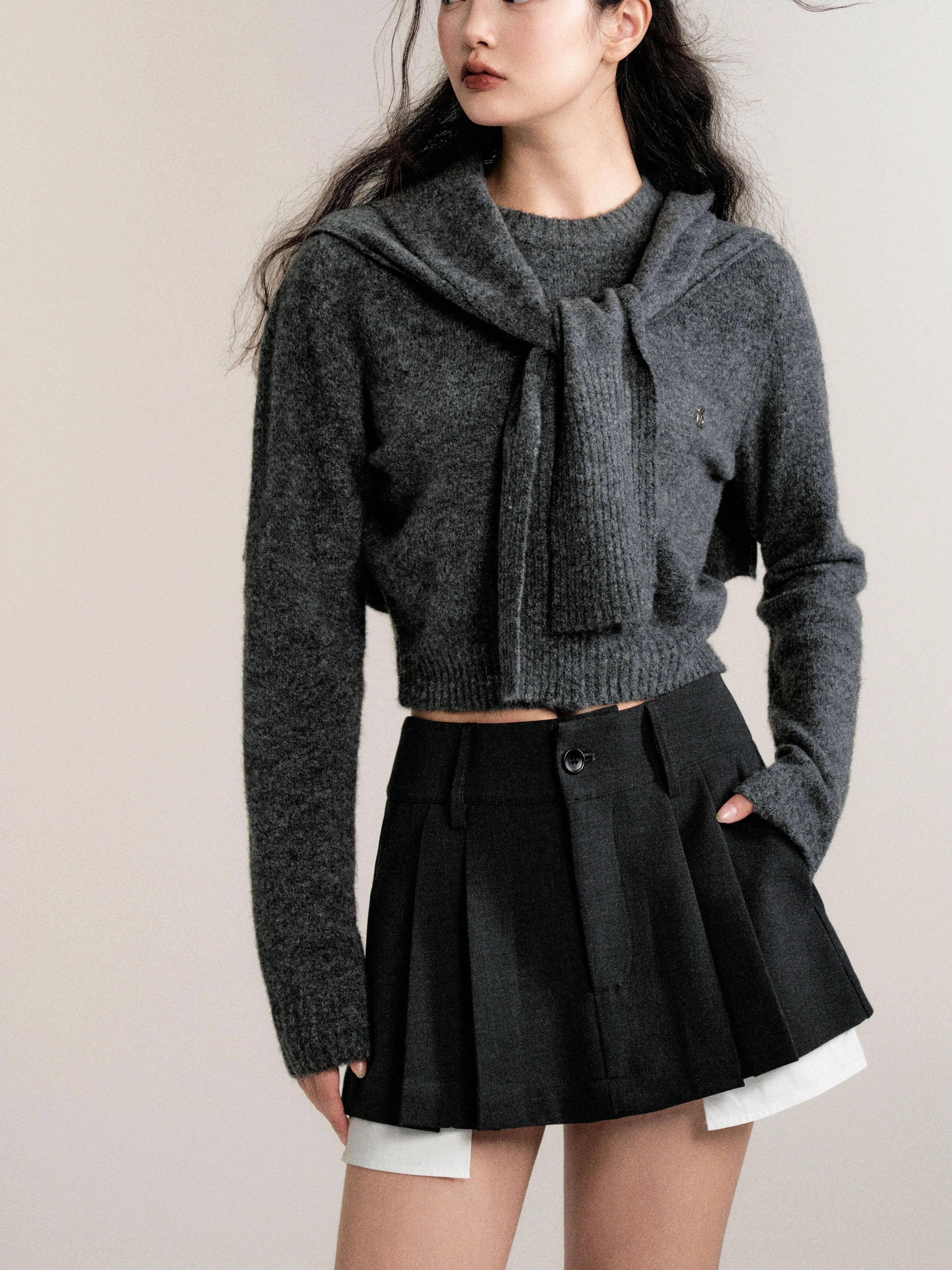 Women's Gray Wool Belted Neck Sweater
