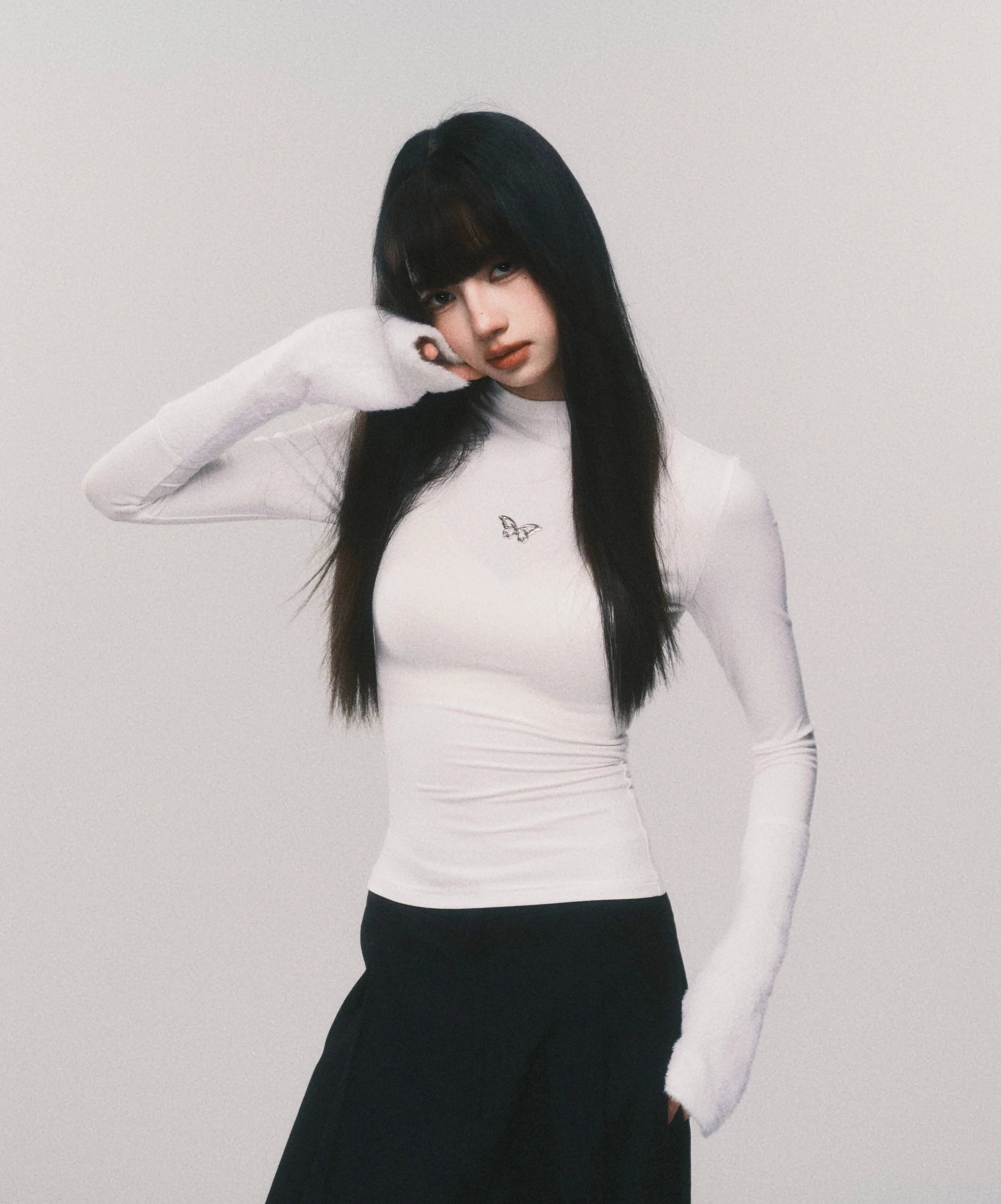 Women's White High Neck Plush Cuff Base Layer