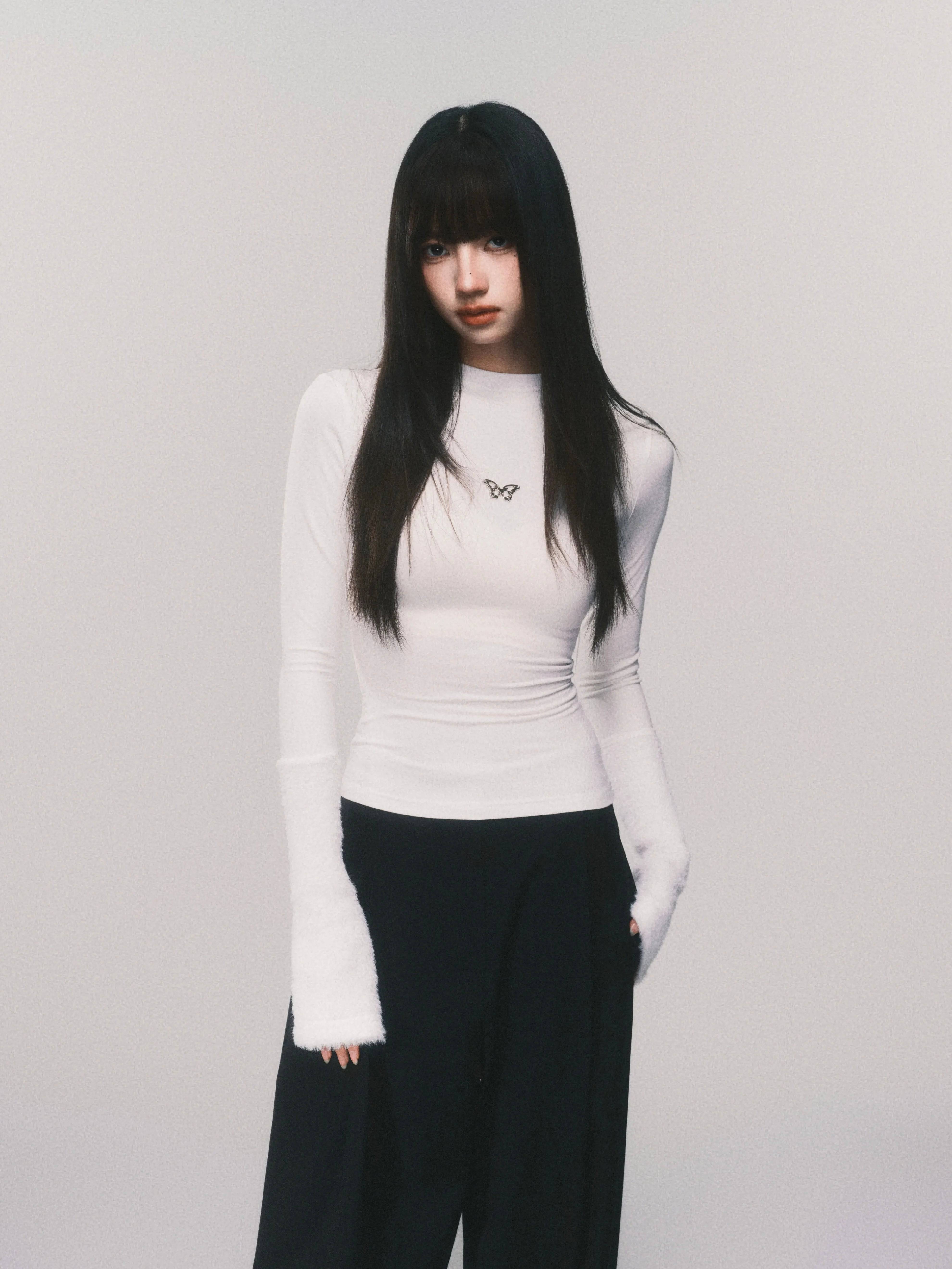 Women's White High Neck Plush Cuff Base Layer