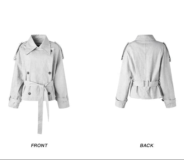 Women's Large Lapel Lace-Up Cropped Light Beige Trench Coat