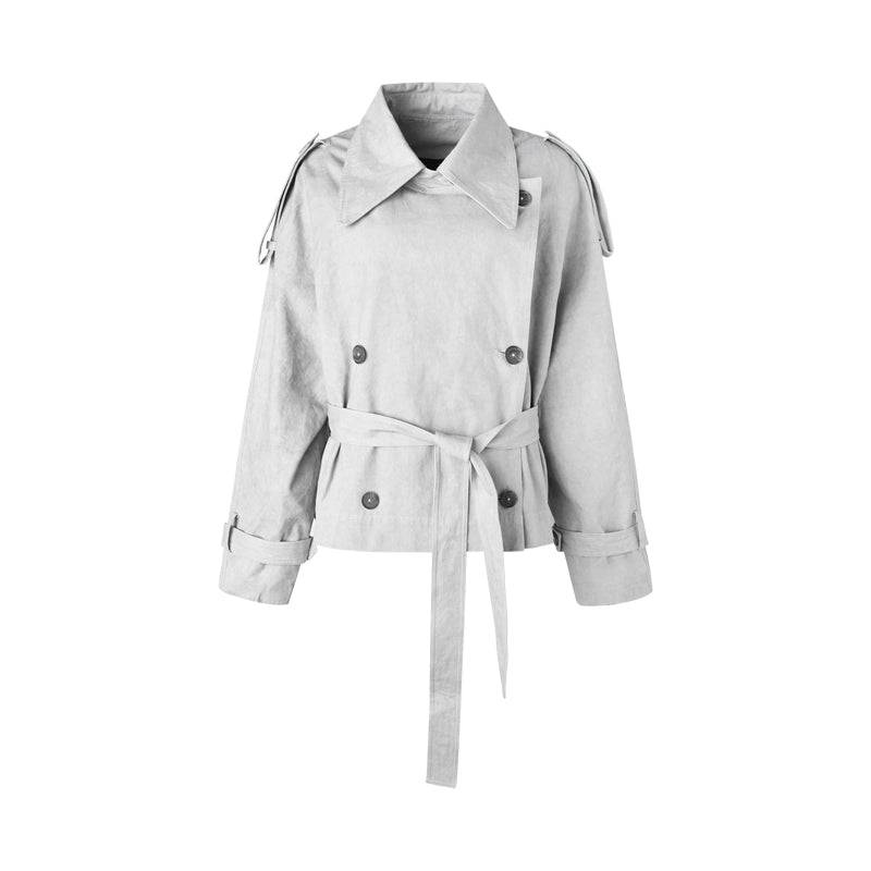 Women's Large Lapel Lace-Up Cropped Light Beige Trench Coat