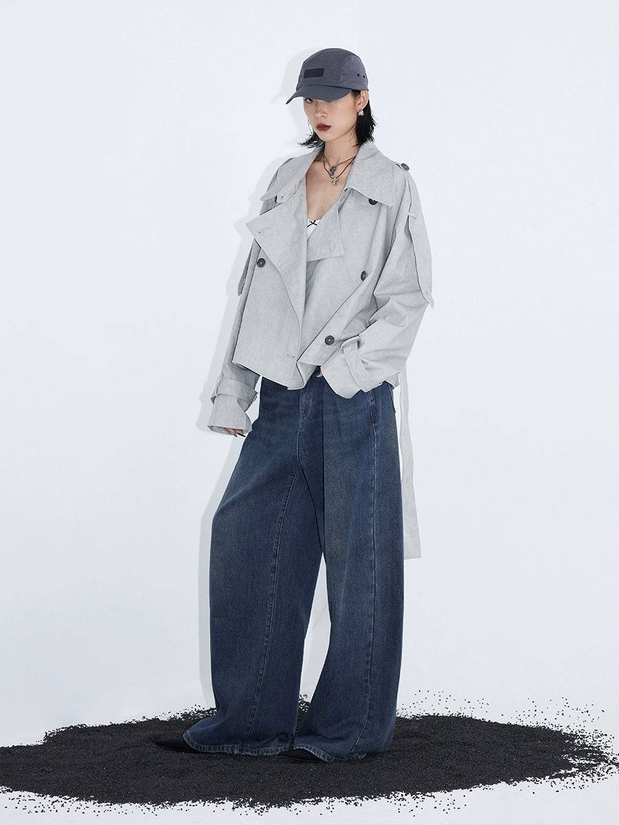 Women's Large Lapel Lace-Up Cropped Light Beige Trench Coat