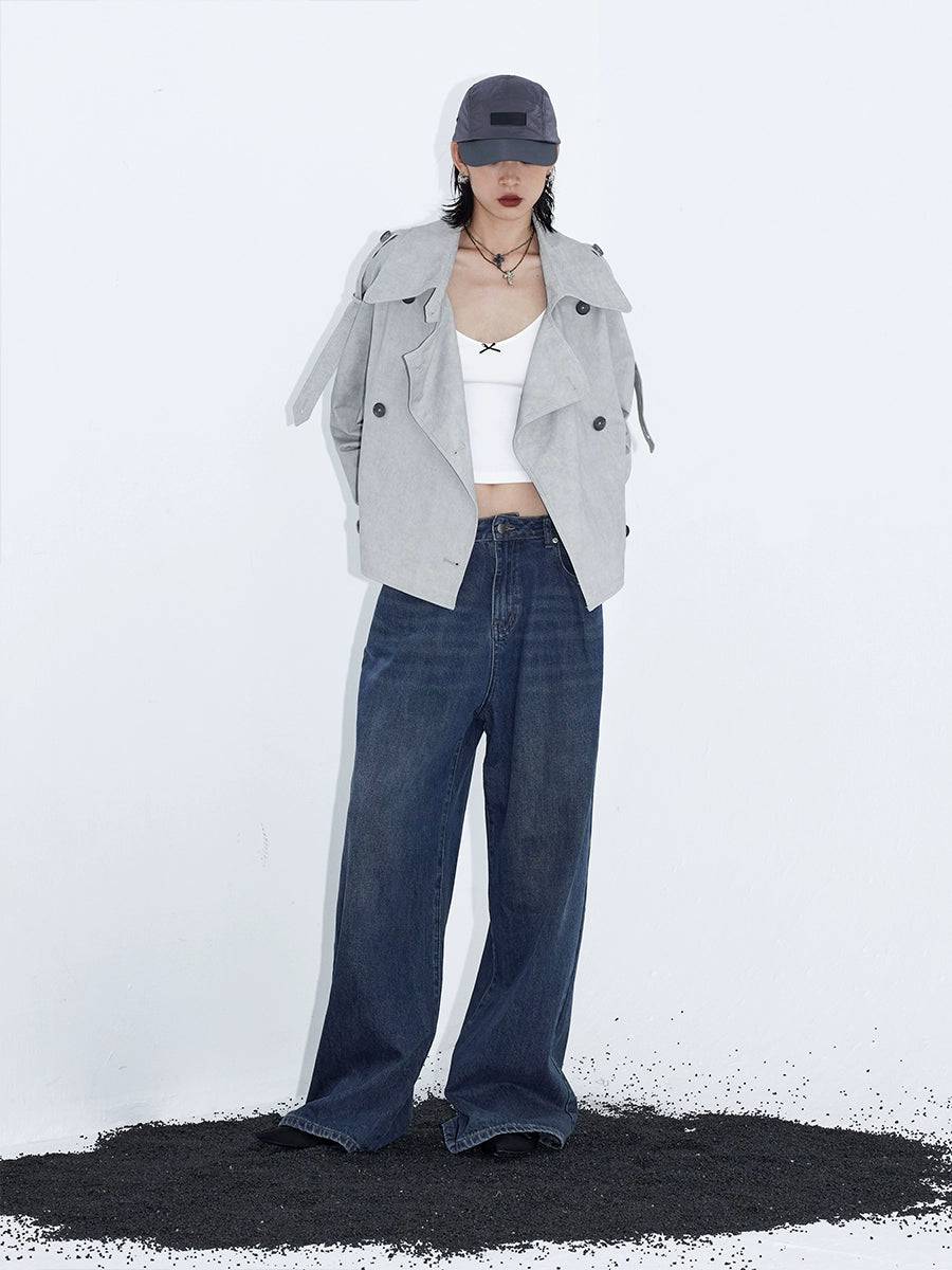 Women's Large Lapel Lace-Up Cropped Light Beige Trench Coat