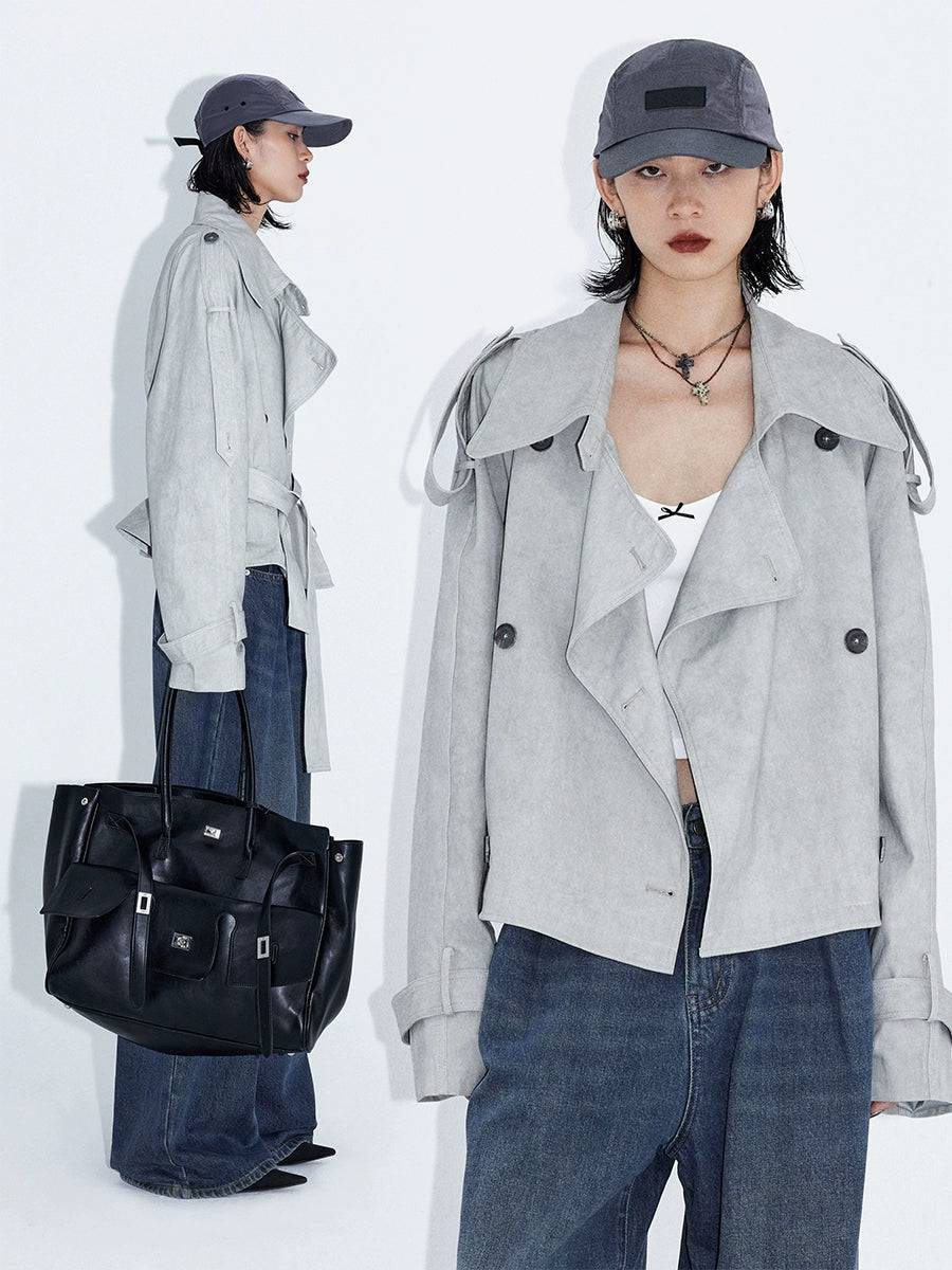 Women's Large Lapel Lace-Up Cropped Light Beige Trench Coat