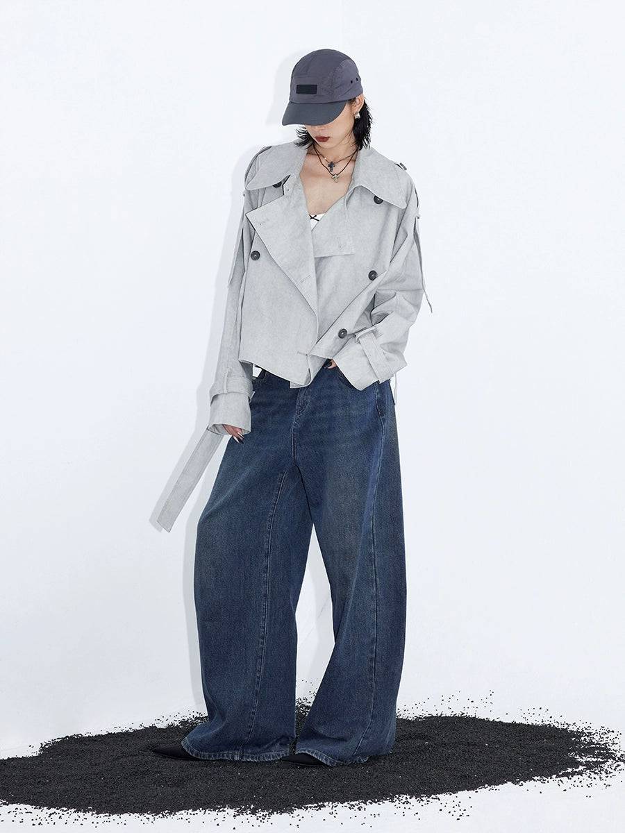 Women's Large Lapel Lace-Up Cropped Light Beige Trench Coat