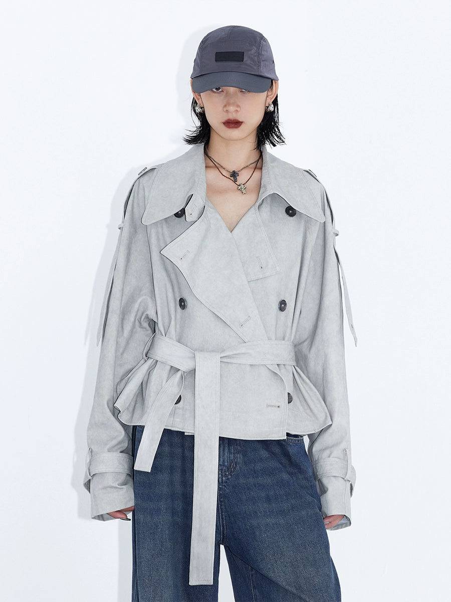 Women's Large Lapel Lace-Up Cropped Light Beige Trench Coat