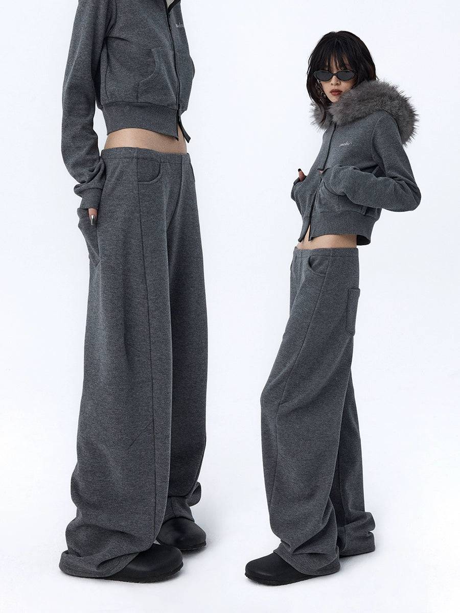 Women's Loose Fit Grey Fleece Split Leg Pants