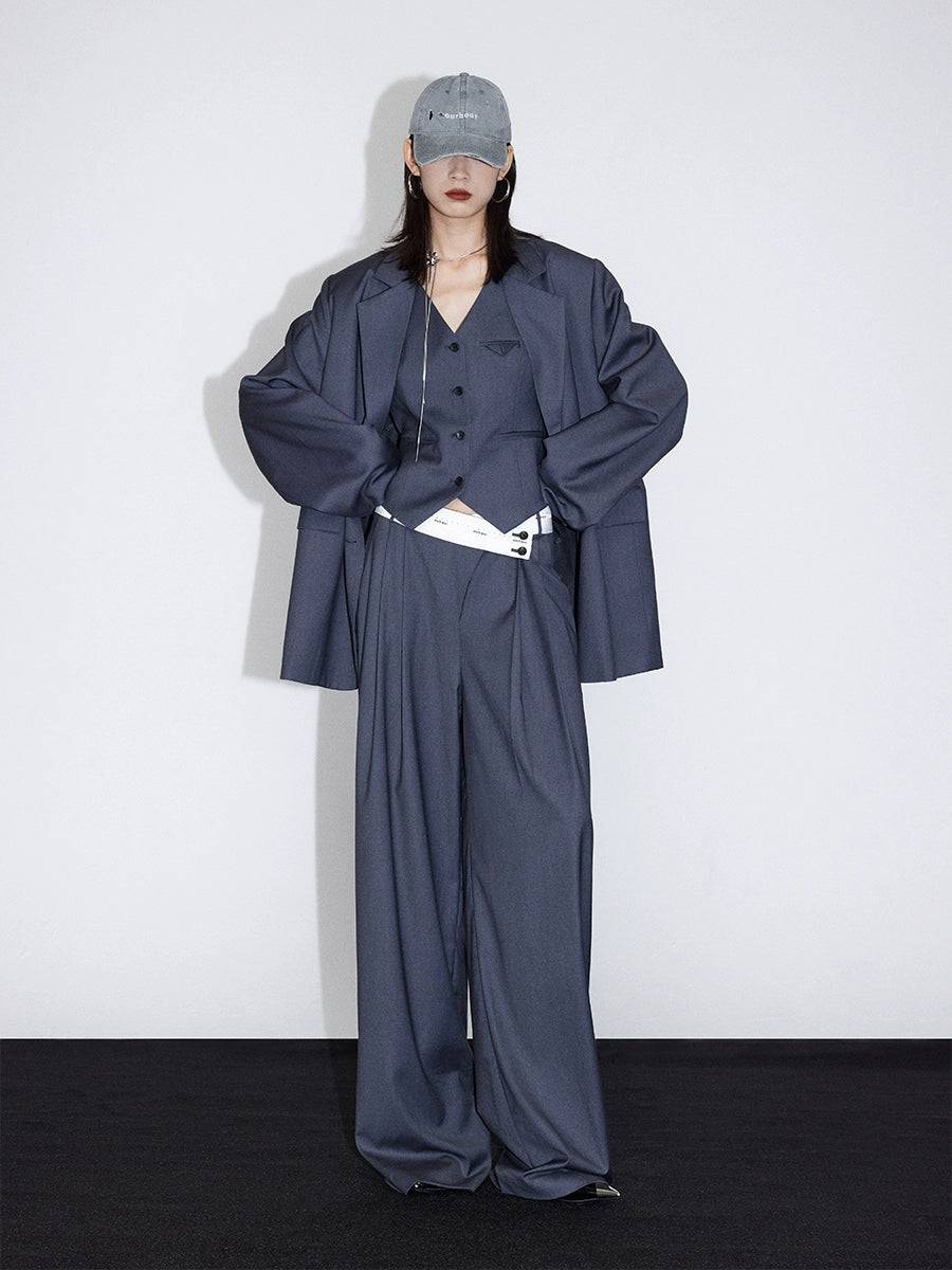 Women's Pleated Angled Waist Wide-Leg Suit Pants