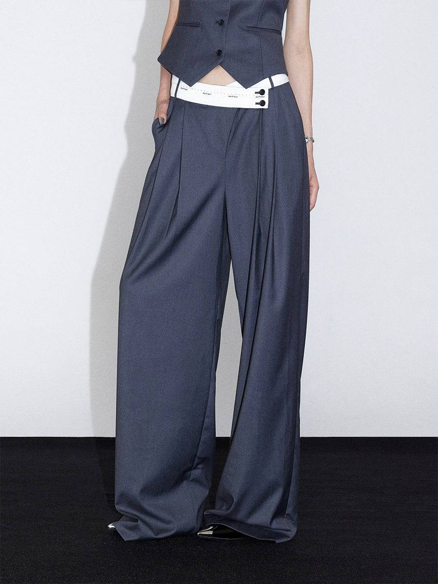 Women's Pleated Angled Waist Wide-Leg Suit Pants