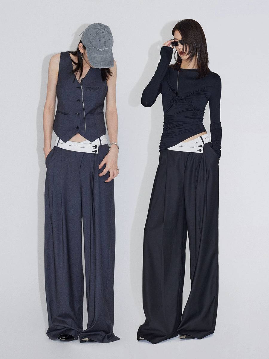 Women's Pleated Angled Waist Wide-Leg Suit Pants