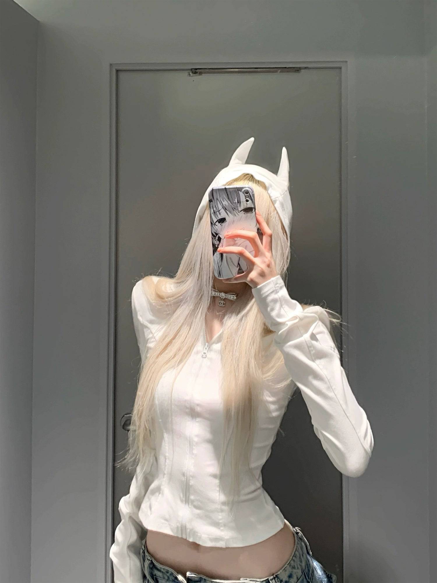 Women's Horned Hooded Base Layer Slim Cropped Long Sleeve T-Shirt