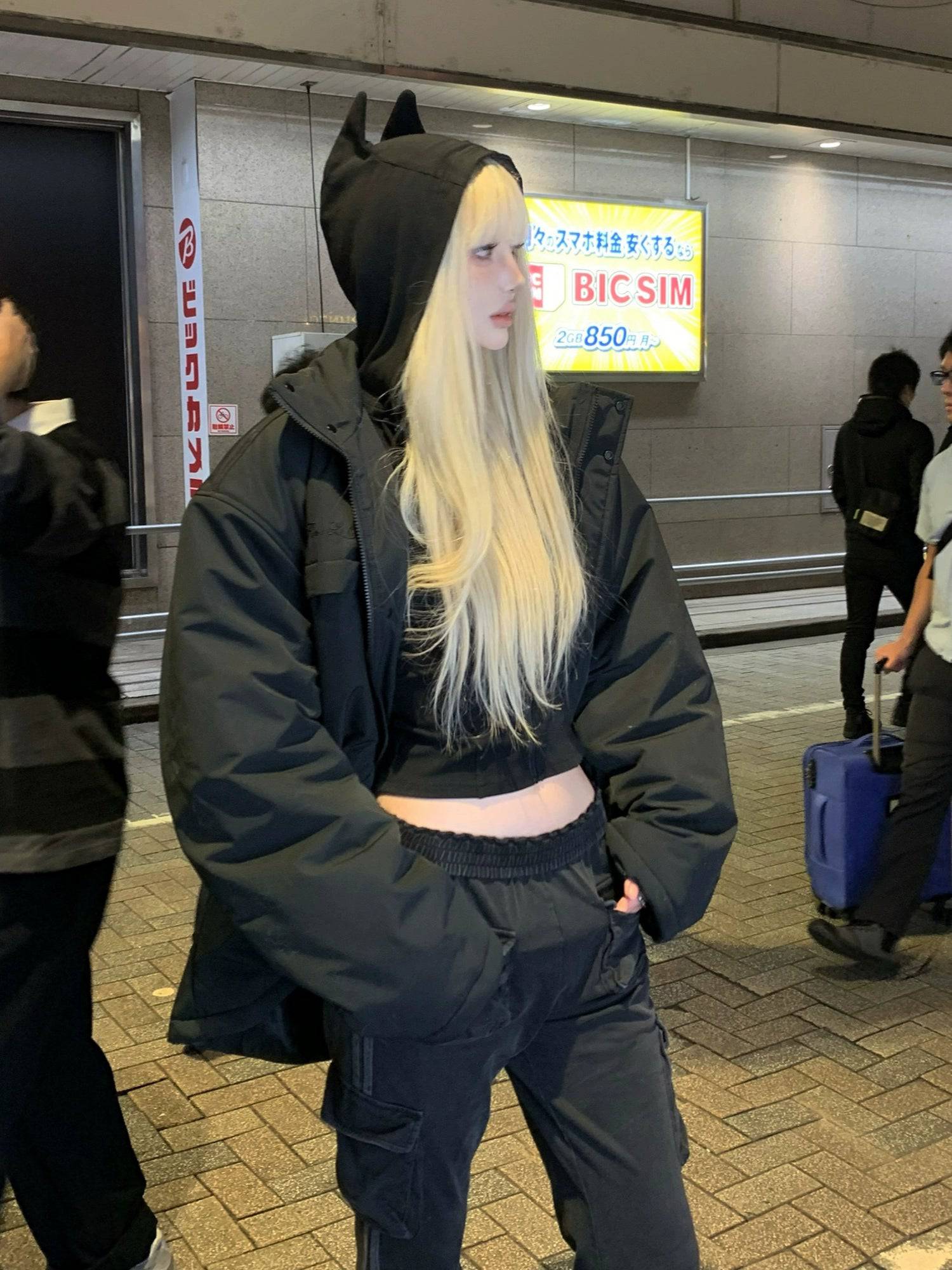 Women's Horned Hooded Base Layer Slim Cropped Long Sleeve T-Shirt