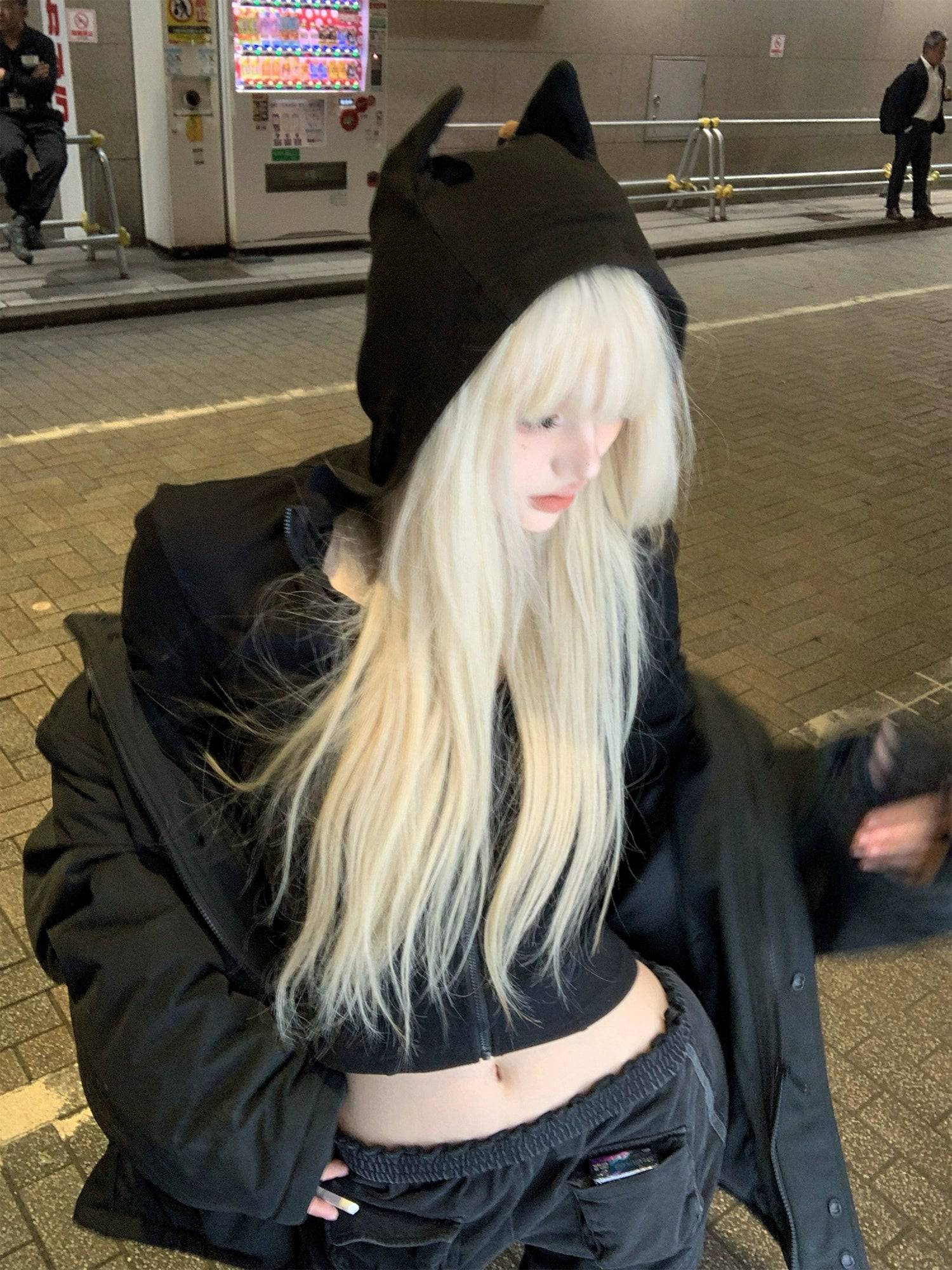 Women's Horned Hooded Base Layer Slim Cropped Long Sleeve T-Shirt