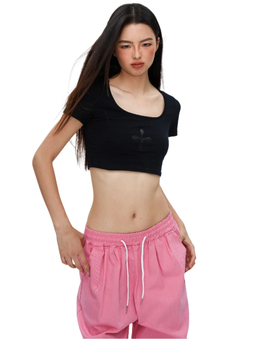 Women's Ribbed Cropped Off-Shoulder Short Sleeve T-Shirt