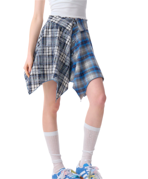 Women's Irregular Contrast Stitching High Waist Sky Blue Plaid Skirt