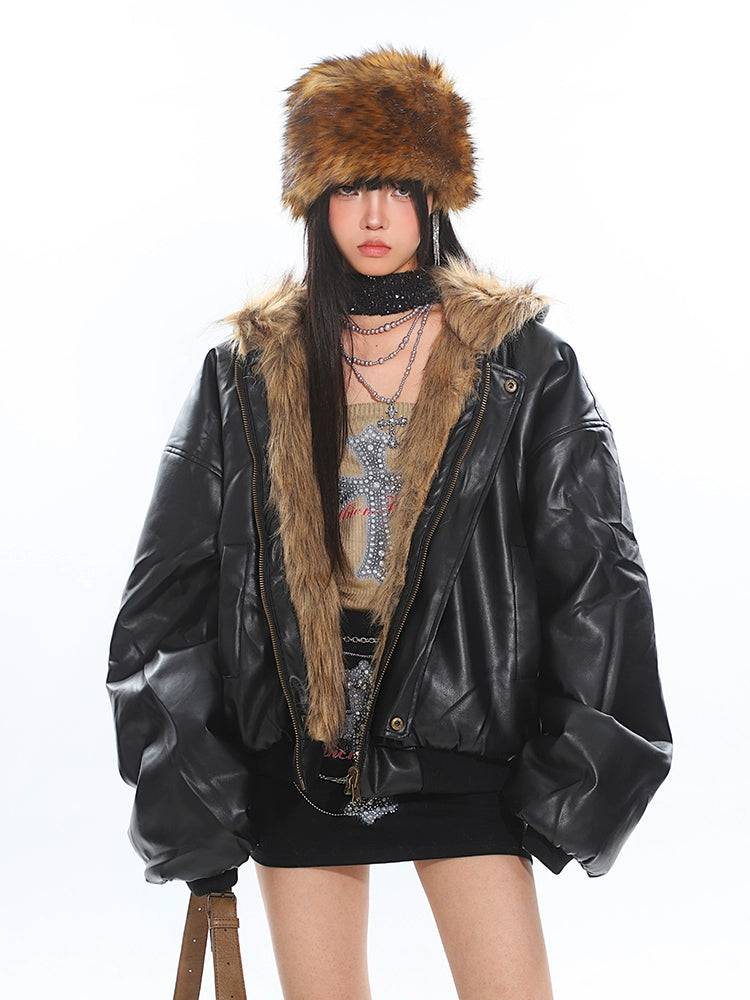 Women's Reversible Fur Hooded Thick Leather Jacket