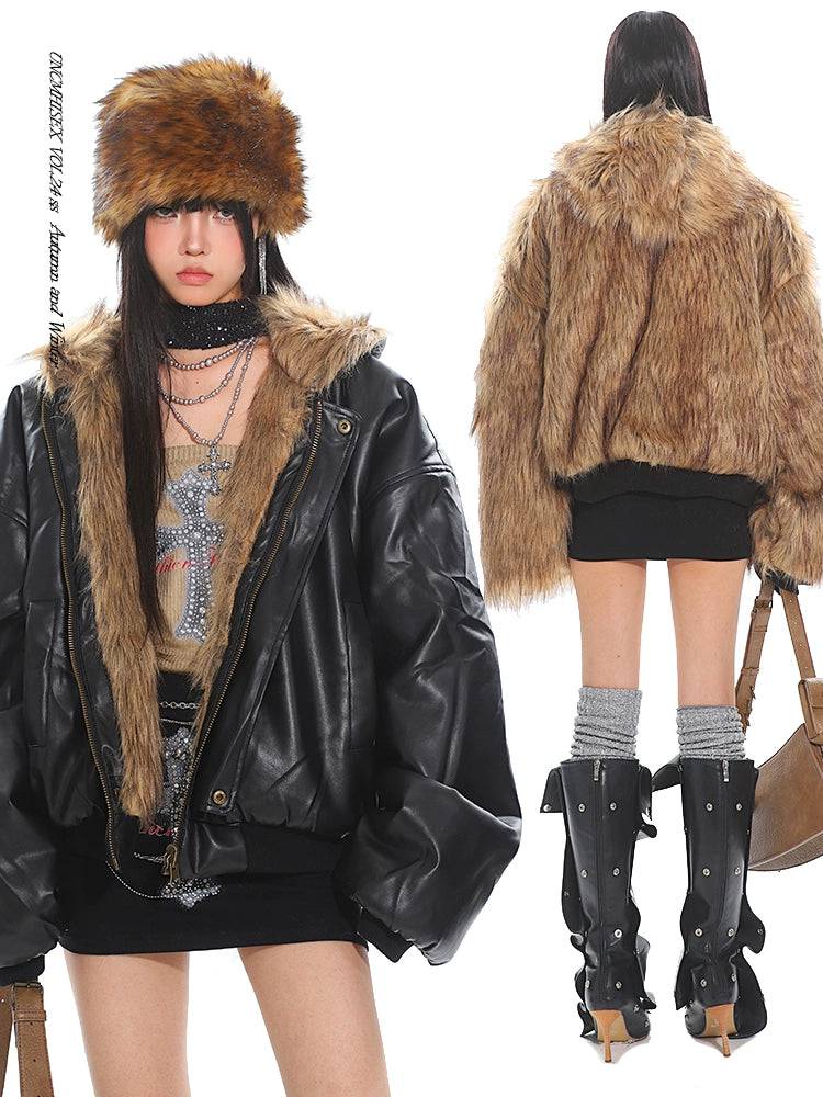 Women's Reversible Fur Hooded Thick Leather Jacket