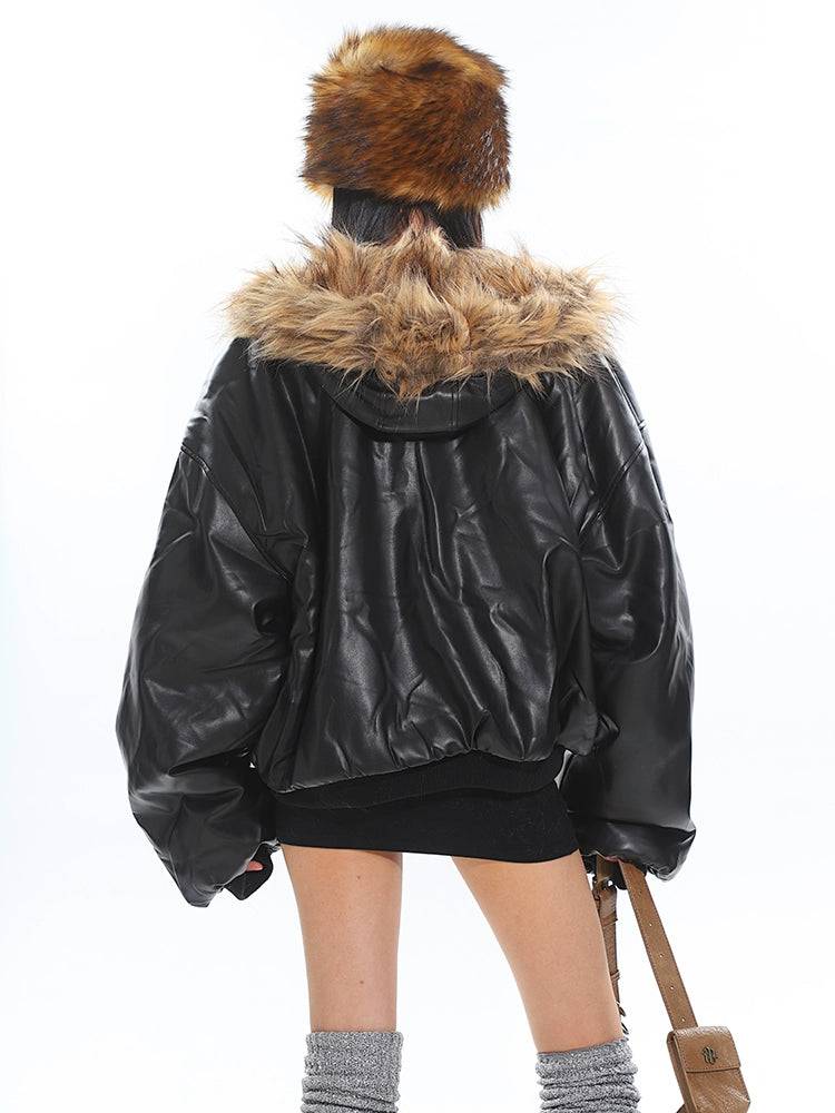 Women's Reversible Fur Hooded Thick Leather Jacket