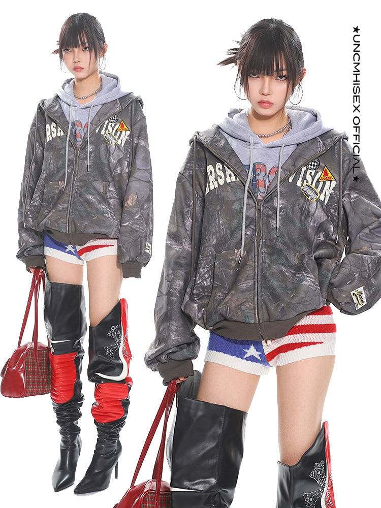 Women's Vintage Camouflage Distressed Hooded Large Sweatshirt