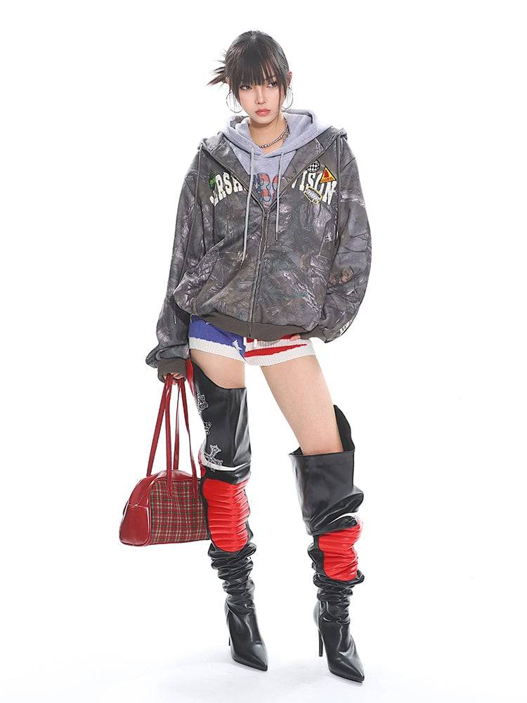 Women's Vintage Camouflage Distressed Hooded Large Sweatshirt