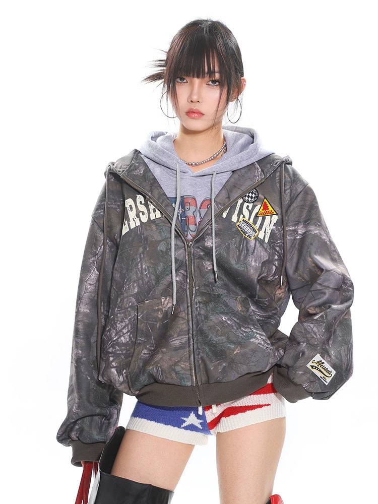 Women's Vintage Camouflage Distressed Hooded Large Sweatshirt