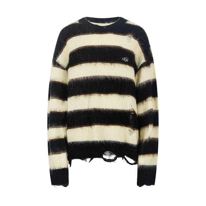 Women's Vintage Horizontal Striped Ripped Oversized Acrylic Sweater