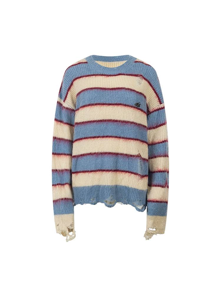 Women's Vintage Horizontal Striped Ripped Oversized Acrylic Sweater