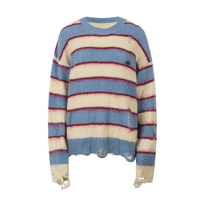 Women's Vintage Horizontal Striped Ripped Oversized Acrylic Sweater