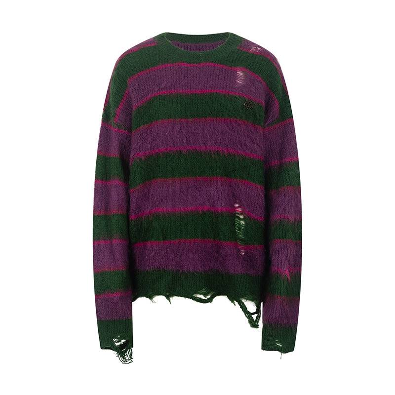 Women's Vintage Horizontal Striped Ripped Oversized Acrylic Sweater