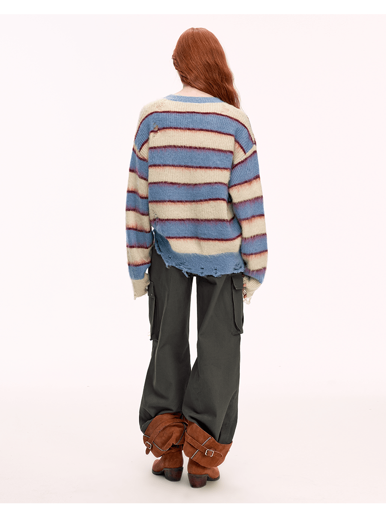 Women's Vintage Horizontal Striped Ripped Oversized Acrylic Sweater