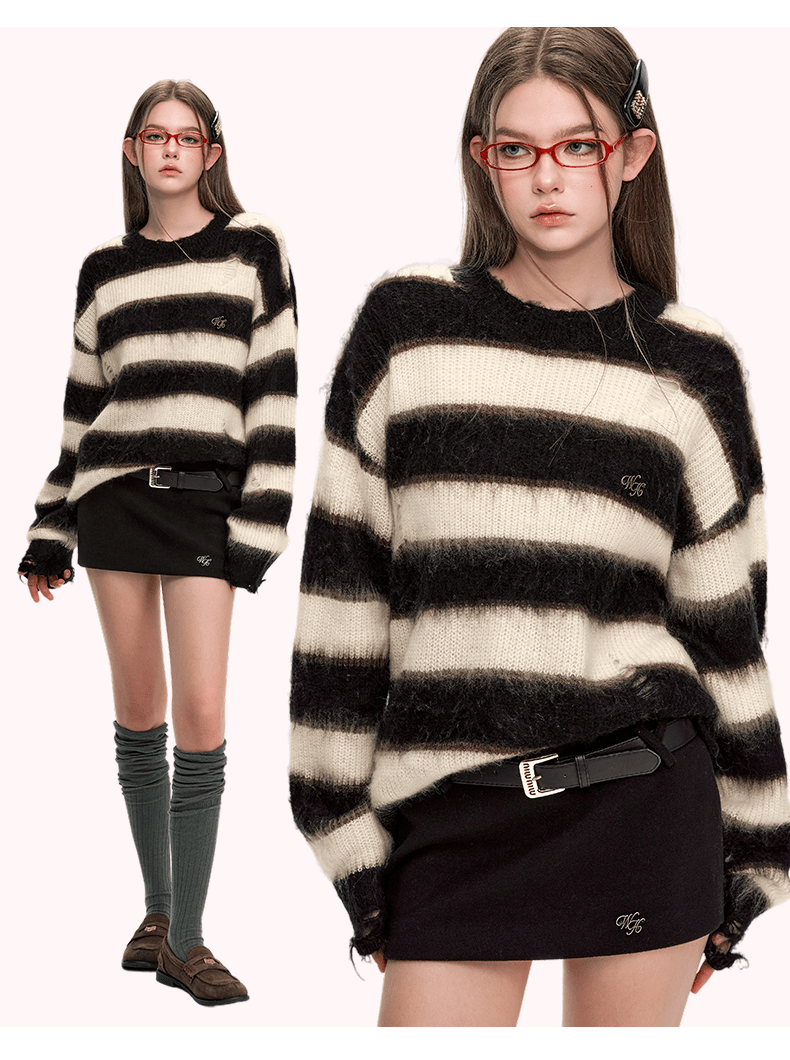 Women's Vintage Horizontal Striped Ripped Oversized Acrylic Sweater