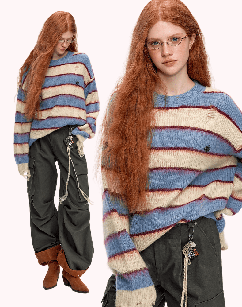Women's Vintage Horizontal Striped Ripped Oversized Acrylic Sweater