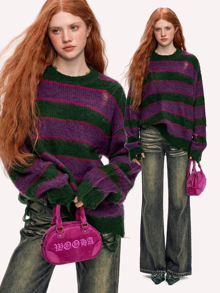 Women's Vintage Horizontal Striped Ripped Oversized Acrylic Sweater