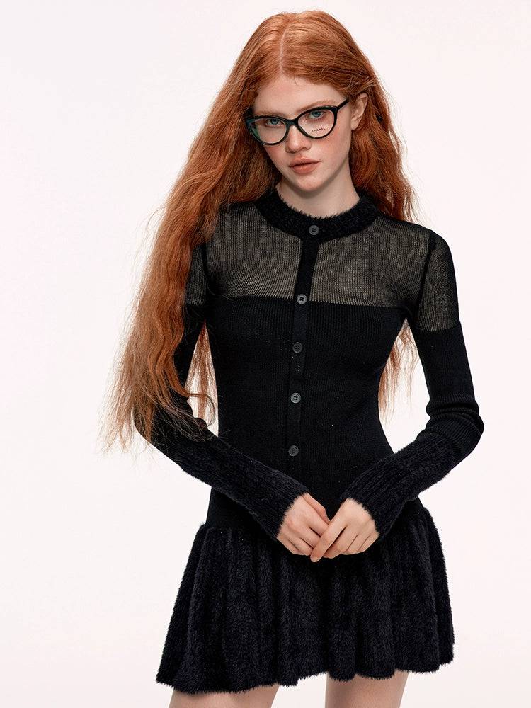 Women's Wool Contrast Stitching Slim Short Dress