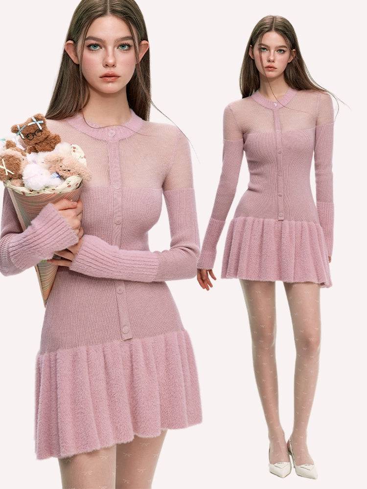 Women's Wool Contrast Stitching Slim Short Dress