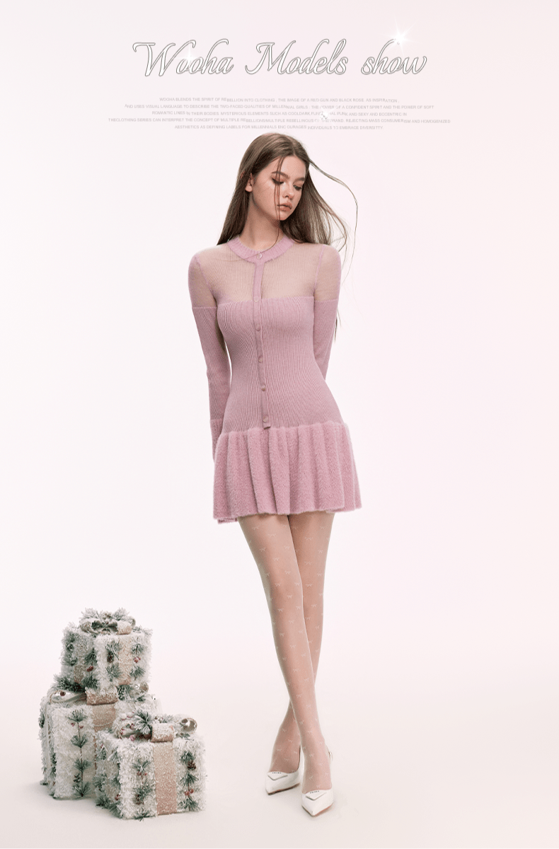 Women's Wool Contrast Stitching Slim Short Dress