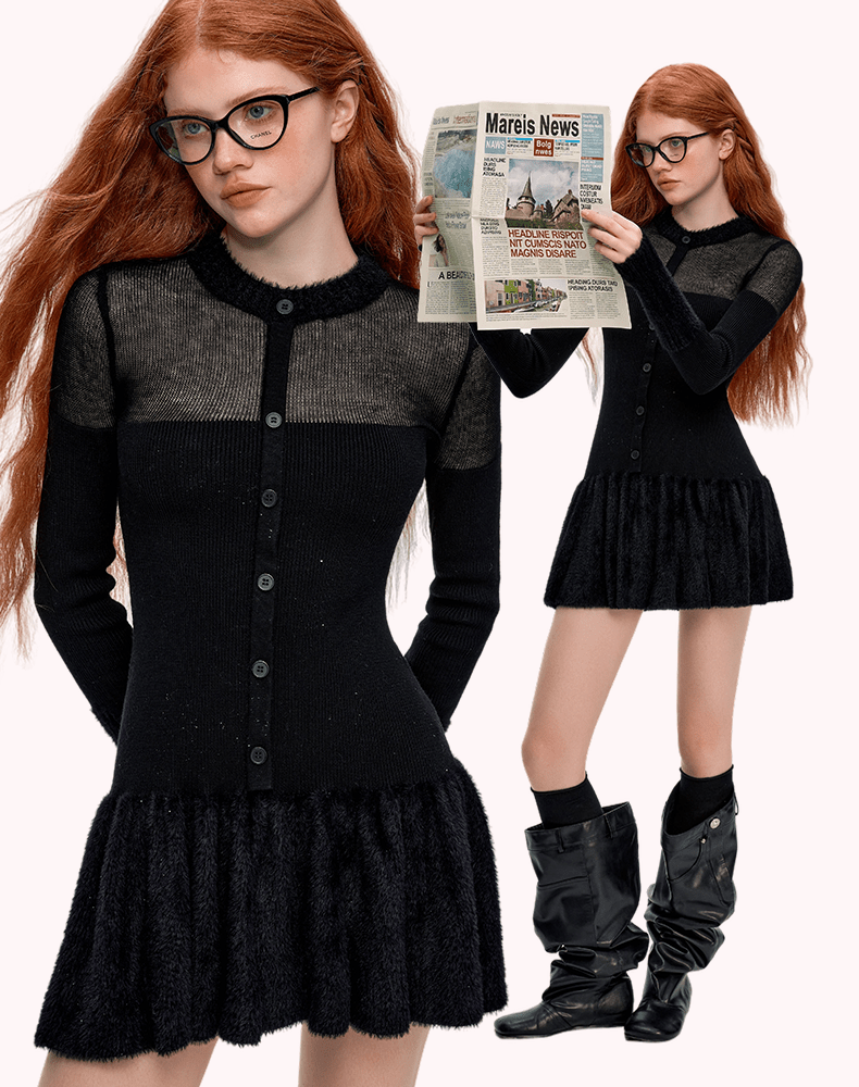 Women's Wool Contrast Stitching Slim Short Dress