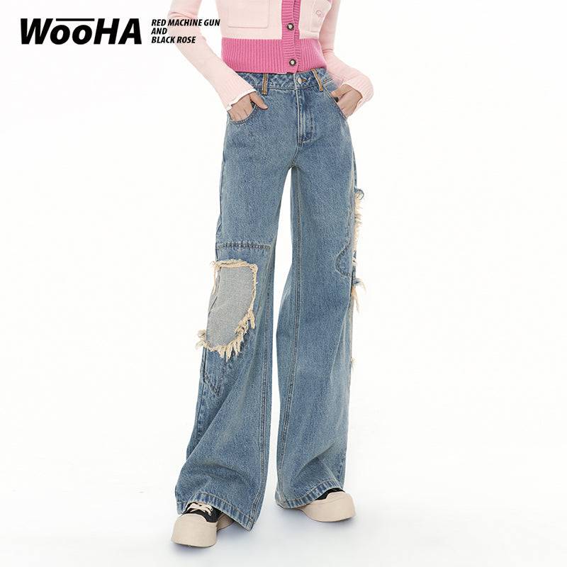 Women's Retro Ripped Wide Leg Straight Loose Jeans